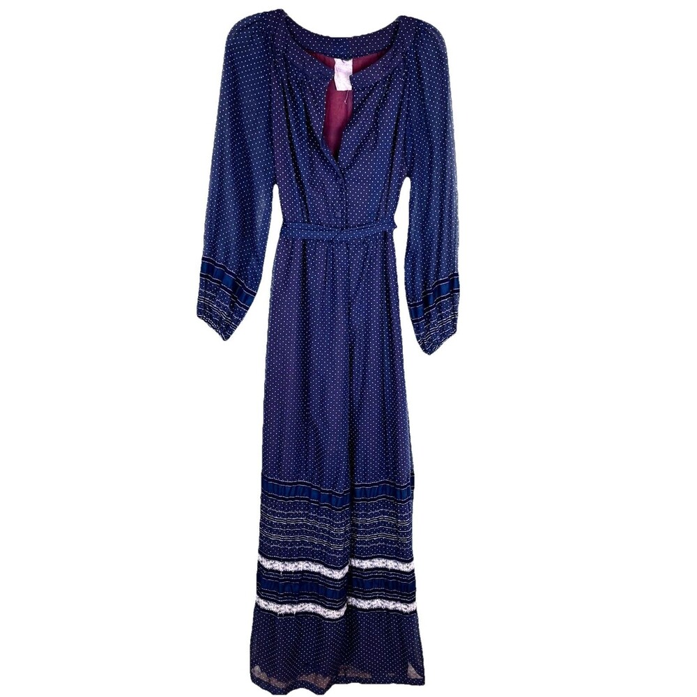 Vintage OOAK 70s Women's Boho Prairie Polka Dot Maxi Dress Sheer Size XXS
